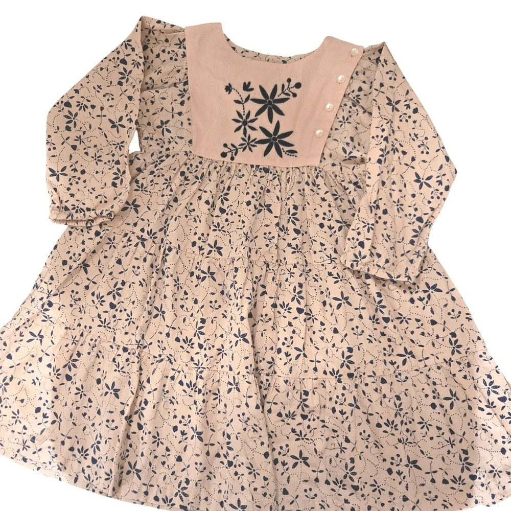 Lali Kids Girls Nova Peach Navy Floral Tiered Cotton Embroidered Dress‎ Size 6